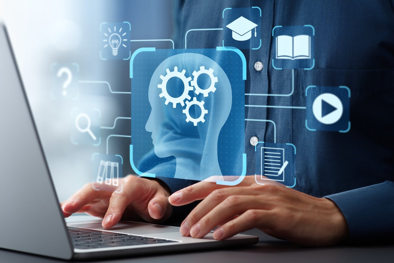 E-learning and online education systems. Online training programs and personalized learning. Woman using laptop computer to learn with digital educational content.