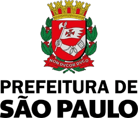 São Paulo city emblem with a red shield, white flag, and castle crown, featuring the motto in Latin and text below.