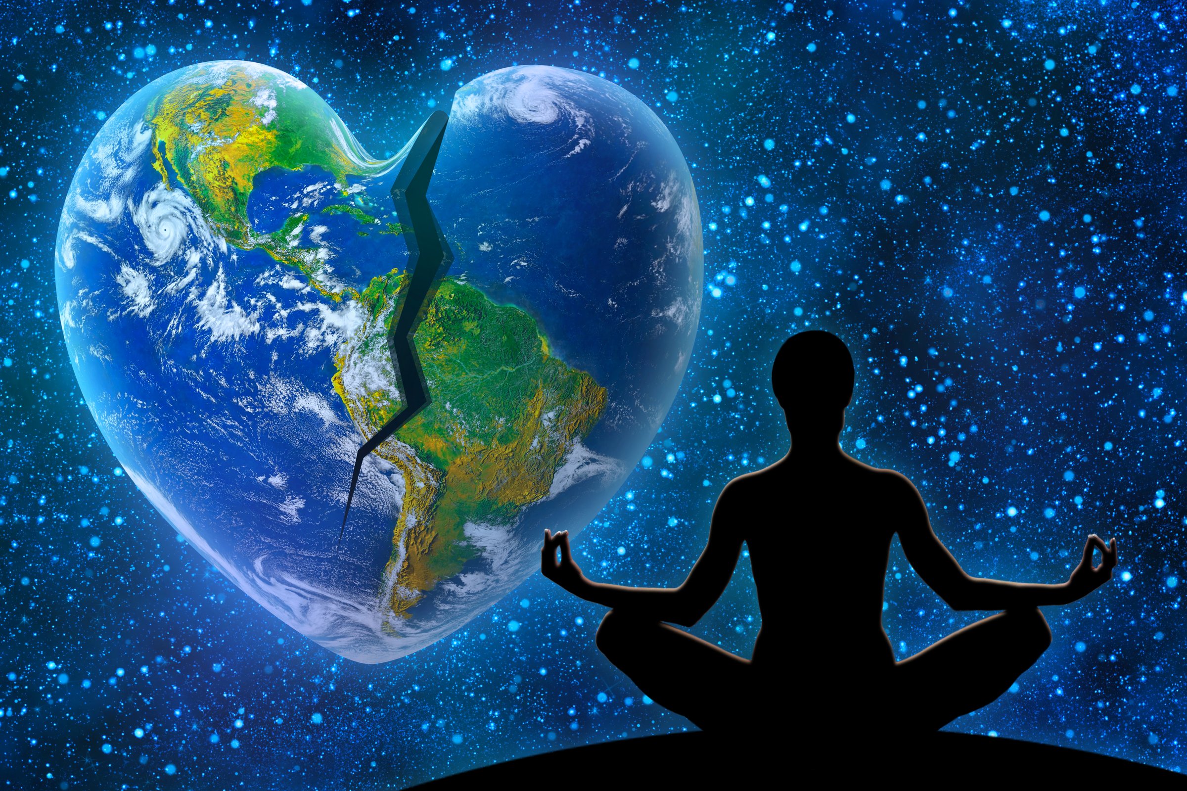 Female yoga figure against universe background. Earth in the shape of a broken heart, ecology and environment concept  - Elements of this image furnished by NASA (source https://www.nasa.gov/content/kepler-78b-first-earth-sized-rocky-planet, program PSCS6).