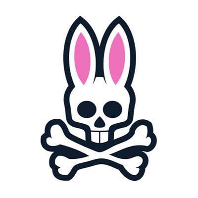 Cartoon skull with rabbit ears and crossbones design, combining a bunny and pirate motif, on a white background.
