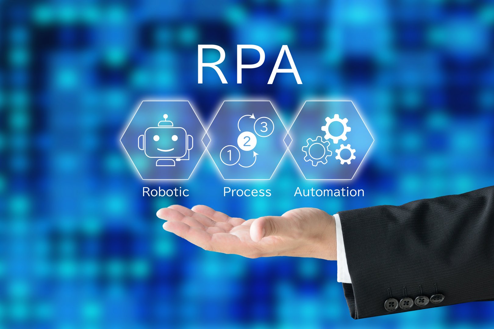 Businessman's hand holding up image illustration of RPA
