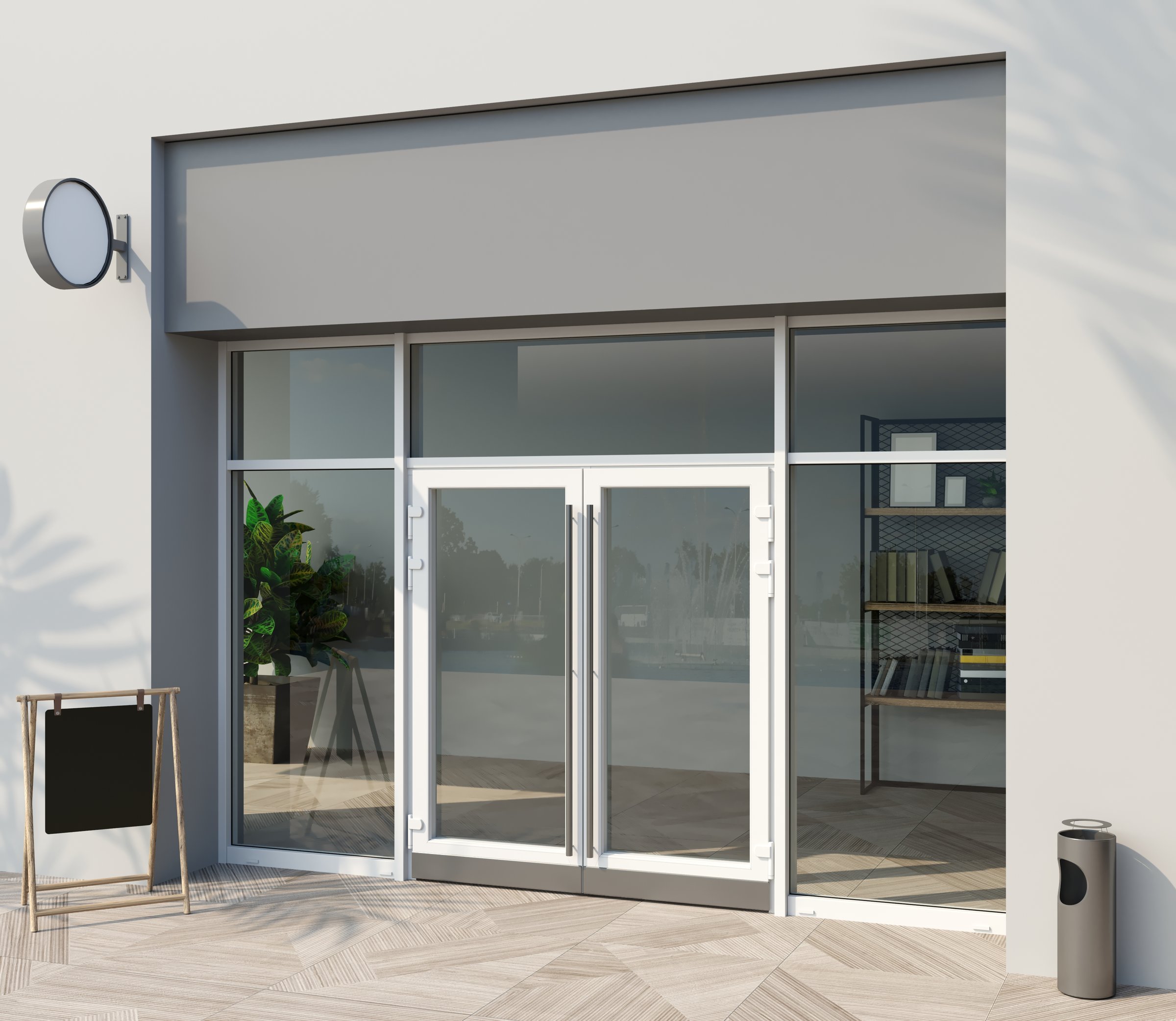 3D illustration. The facade of a modern shopping center or station, an airport with modern white office entrance door