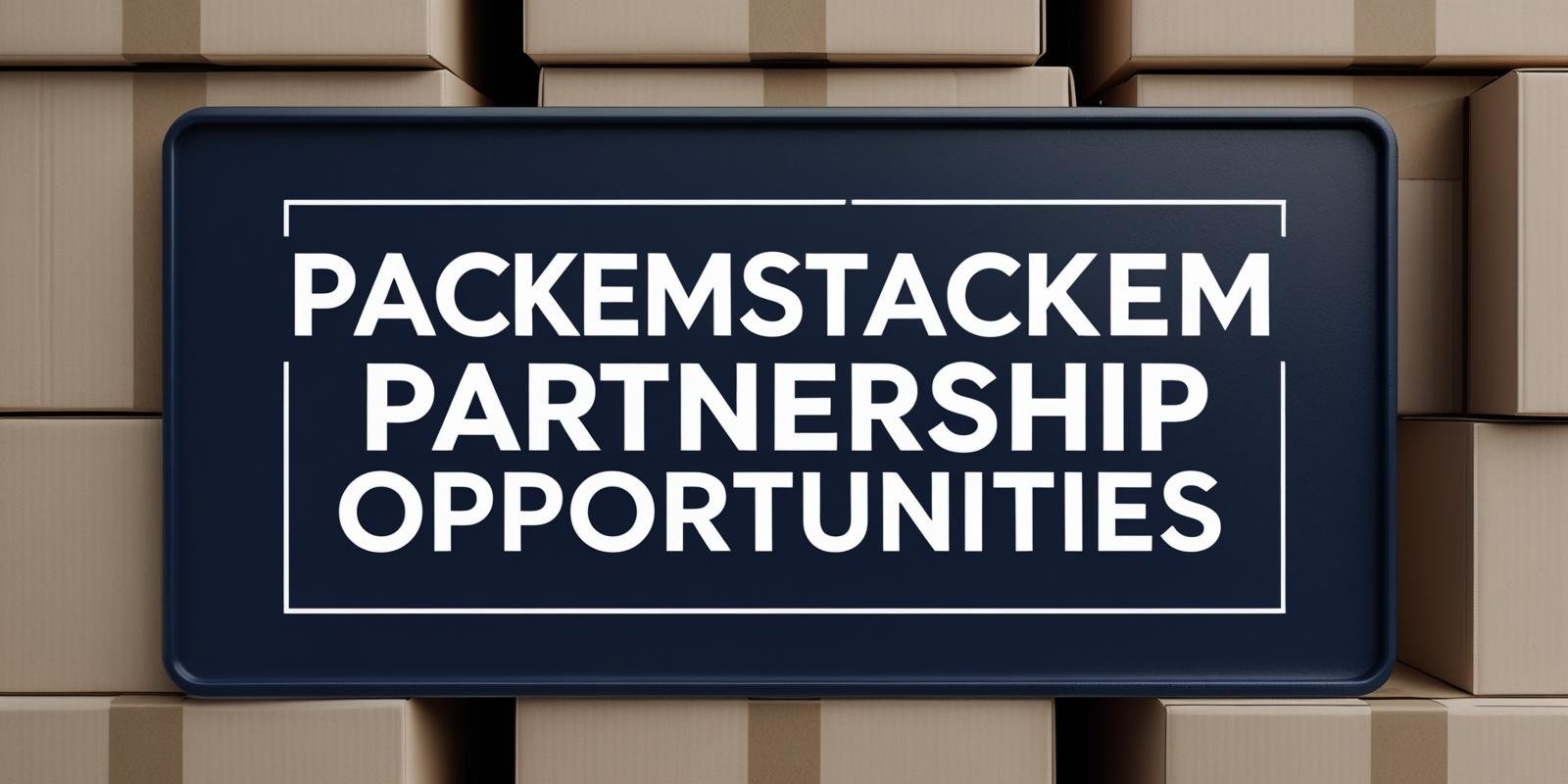 PackEmStackEm Partnership Opportunities sign with dark blue background and packing boxes