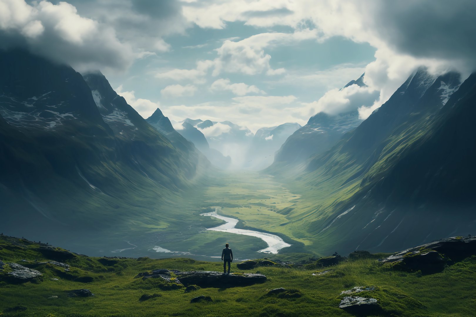 Super wide-angle stunning natural scenery with mountains, valley, and river