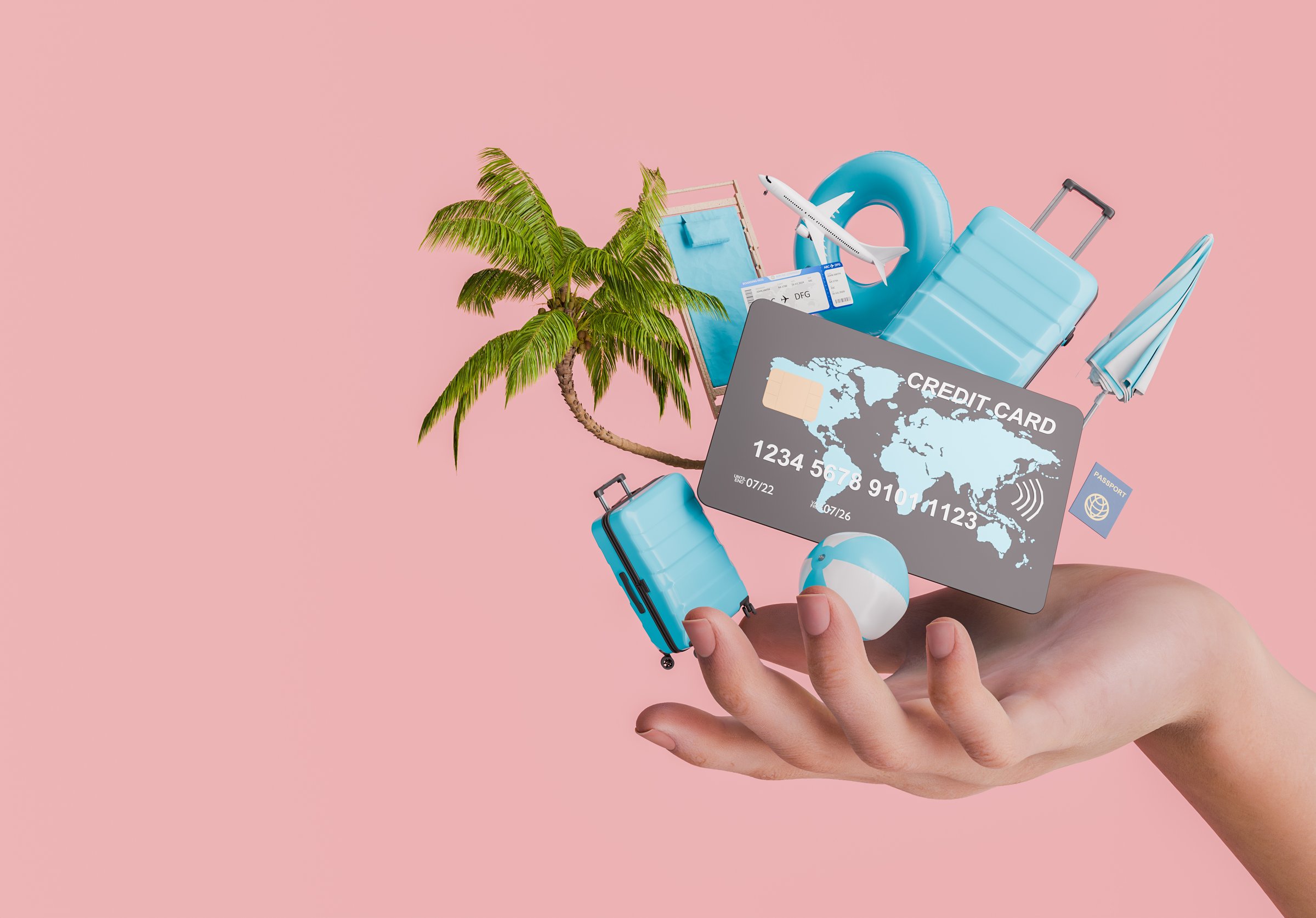 A hand holding a credit card surrounded by travel items such as a palm tree, luggage, airplane, and beach accessories against a pink background. Concept of travel and vacation. 3d rendering