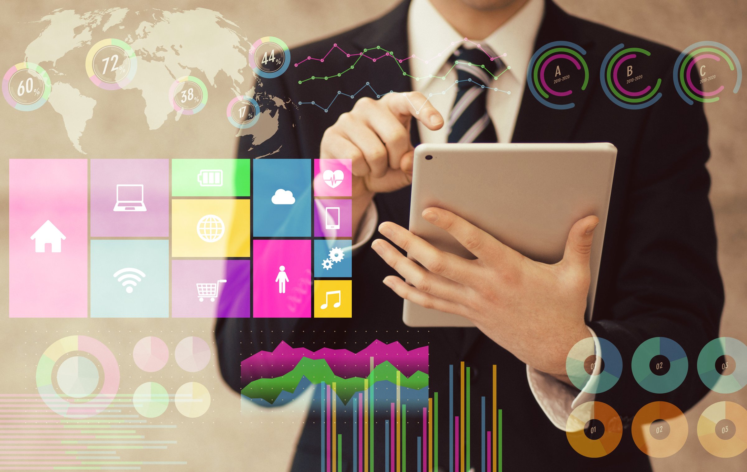 businessman using tablet PC and various business information. paperless office.