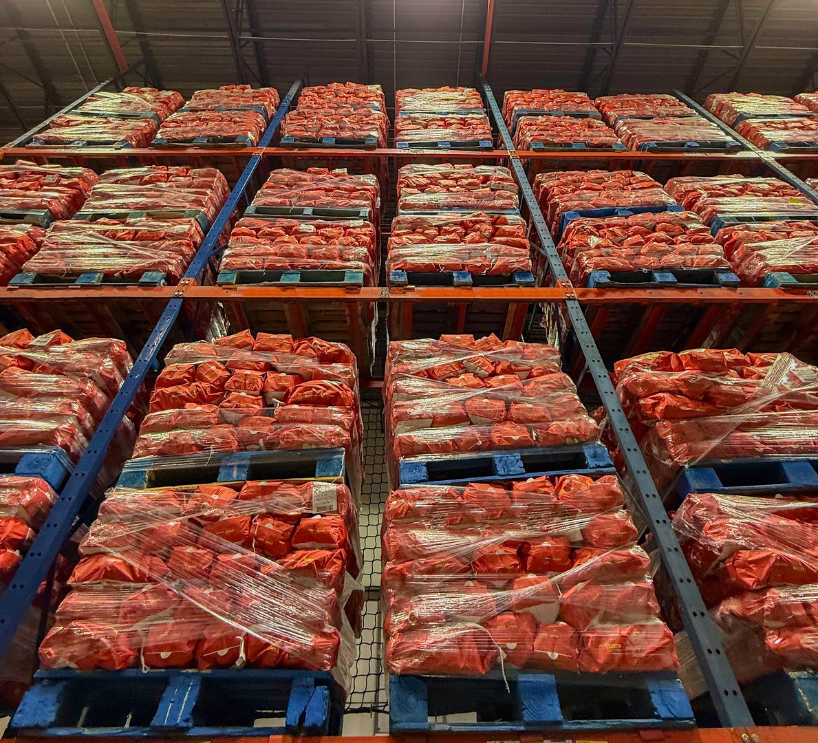 Pallets of 10 pound potato sacks stacked in distribution centre.