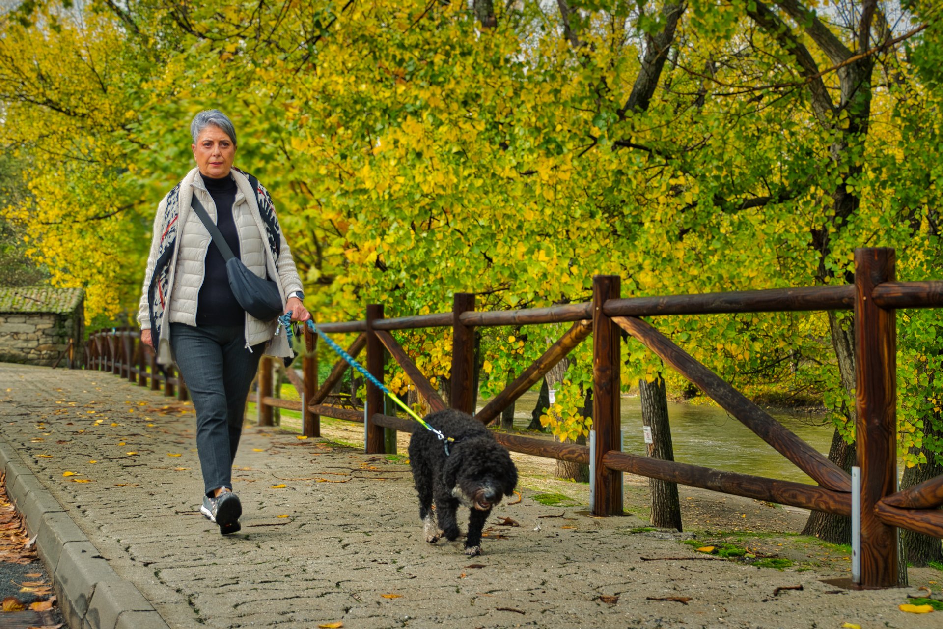 Woman walking with dog near river