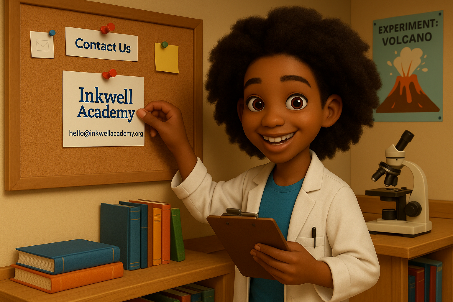 Diverse group of Inkwell Academy team members collaborating in a bright, modern office space with educational materials and science equipment