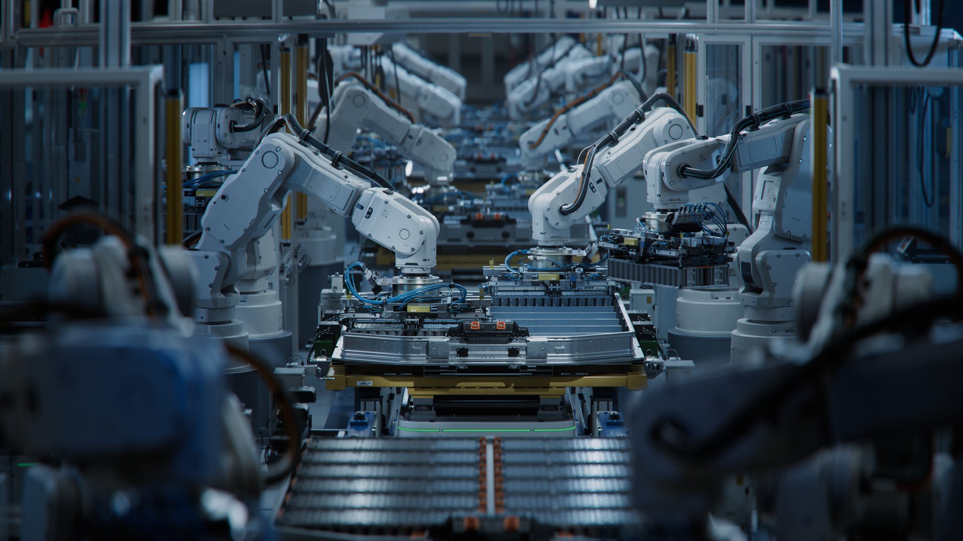 Row of White Robotic Arms at Automated Production Line at Factory. Electric Car Manufacturing Line. Industrial Robot Arms Assemble Lithium-Ion EV Battery Pack. Inside Automotive Smart Factory