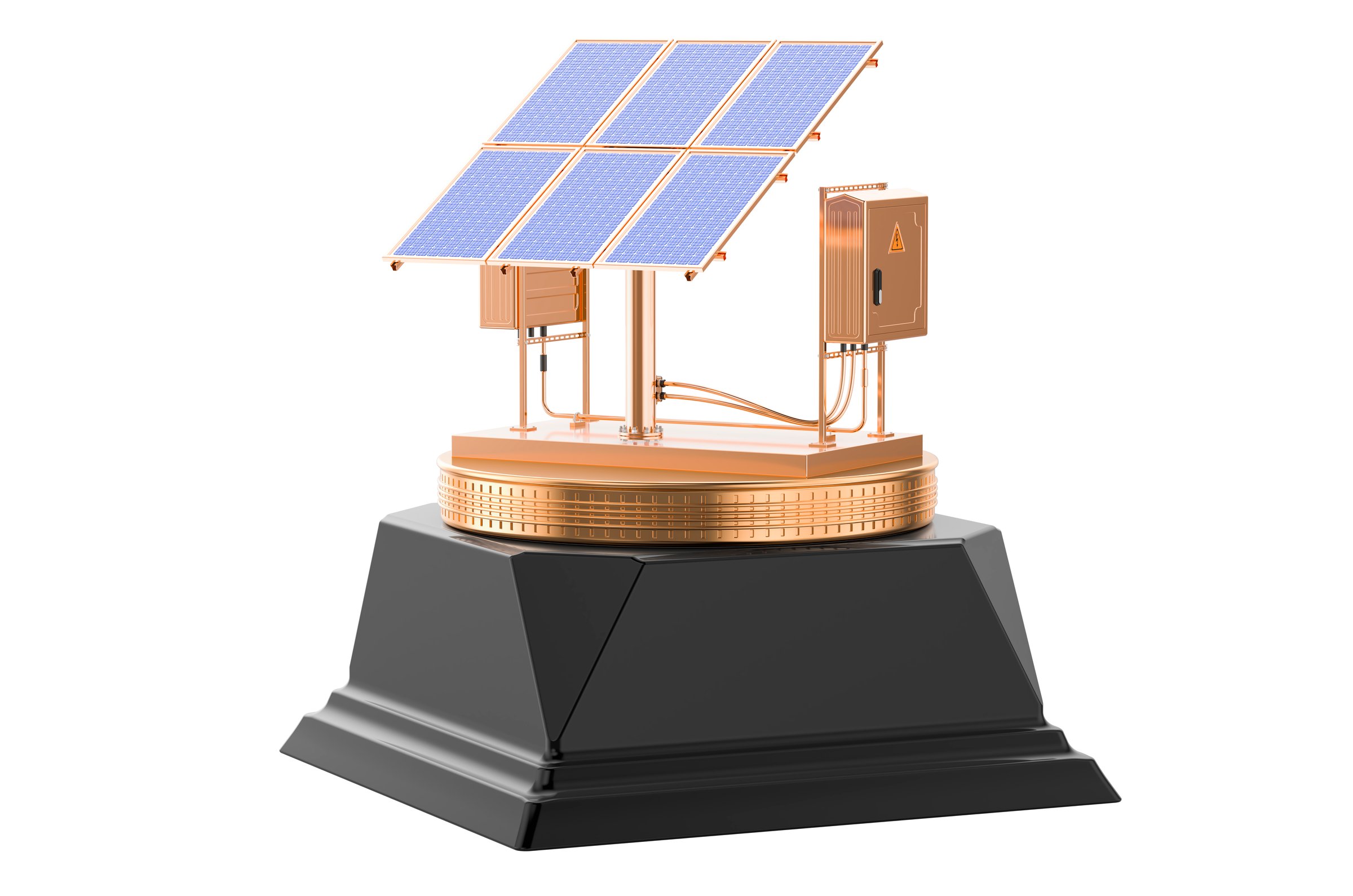 Solar panel golden award concept. 3D rendering isolated on white background