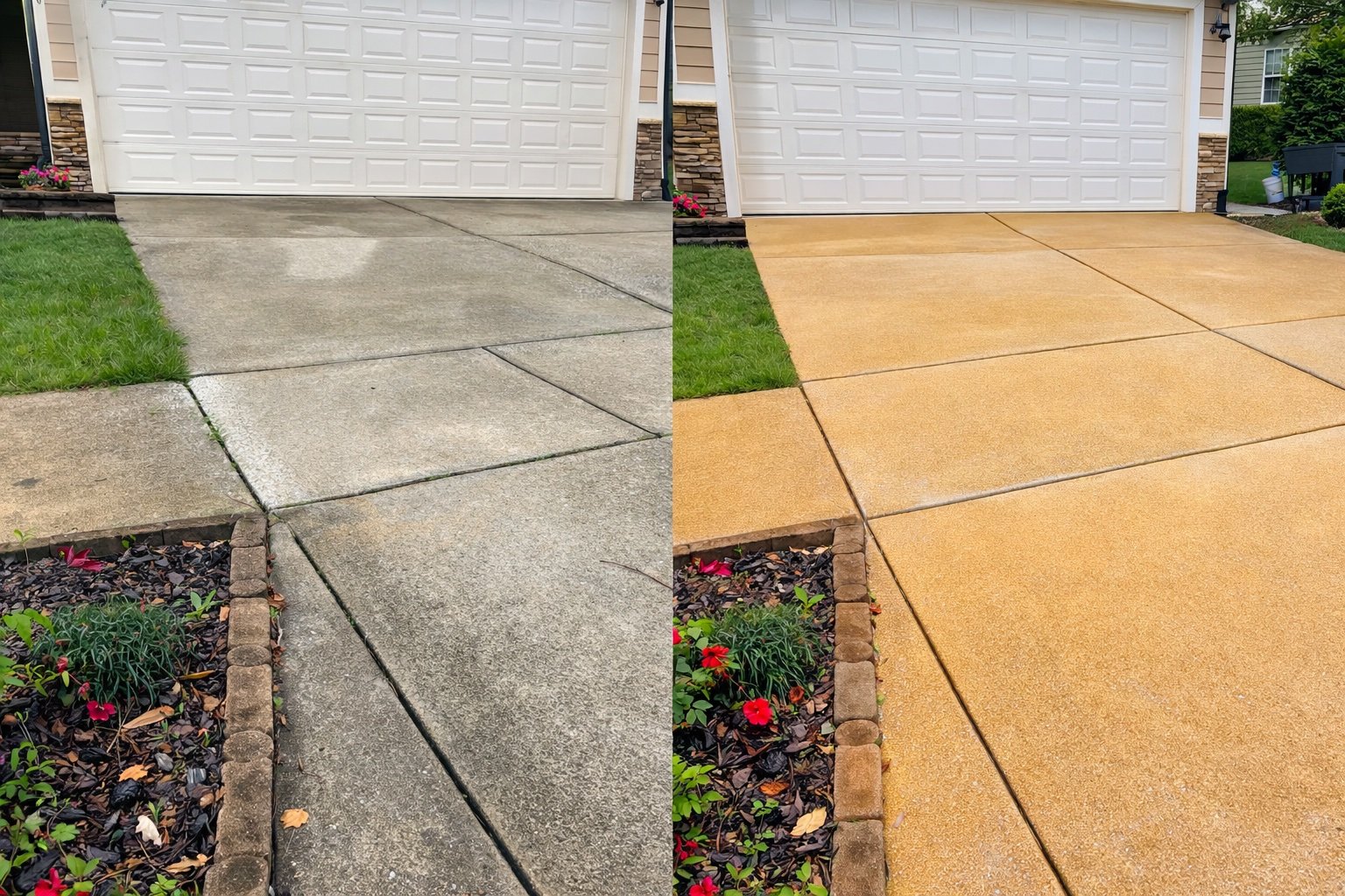 Worker using a floor and surface pressure washer cleaner high-pressure water spray to remove loose paint, mold, grime, dust, mud, and dirt from surfaces and objects.