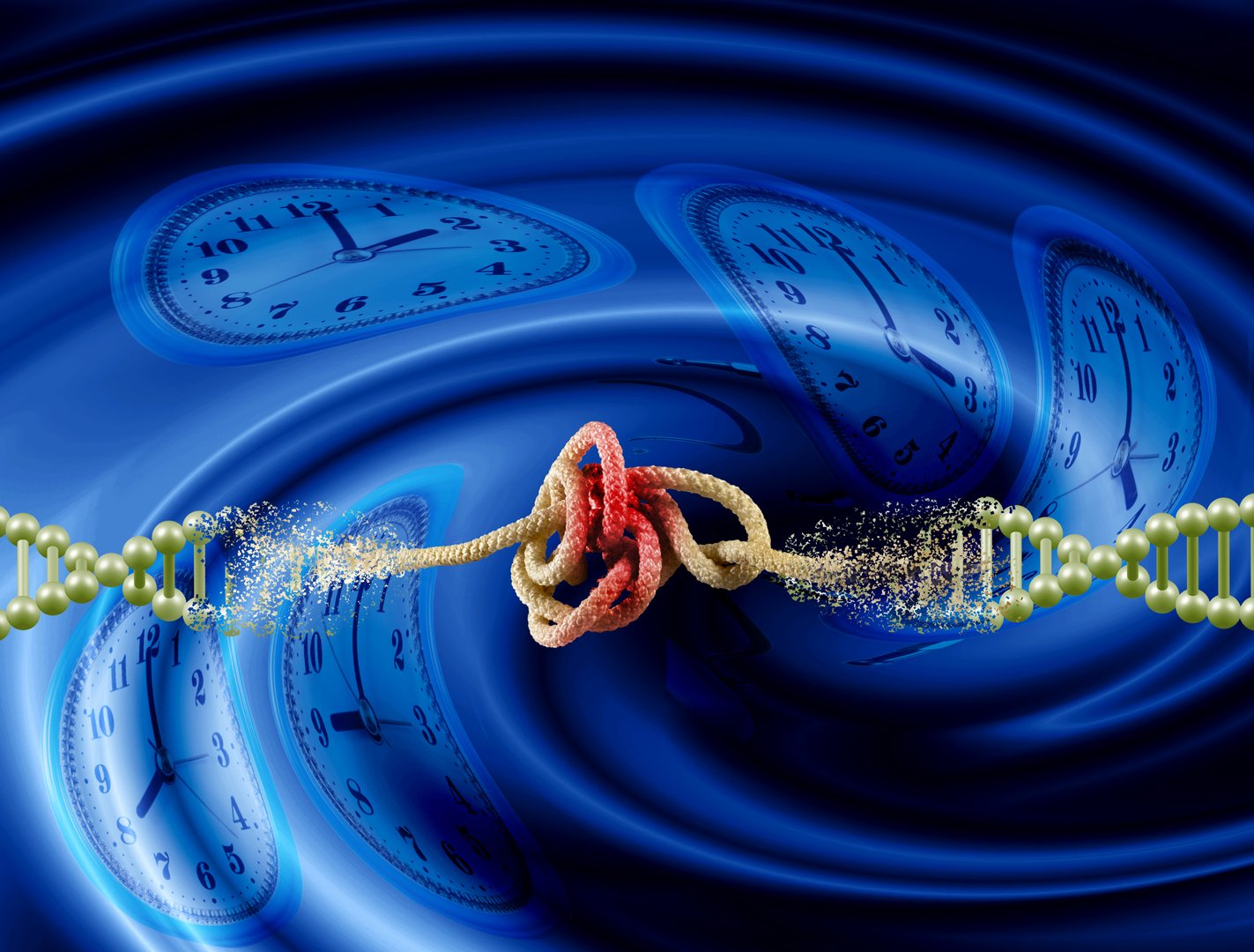 A digital art piece depicting a knotted rope connecting DNA strands and clocks in a swirling blue background.