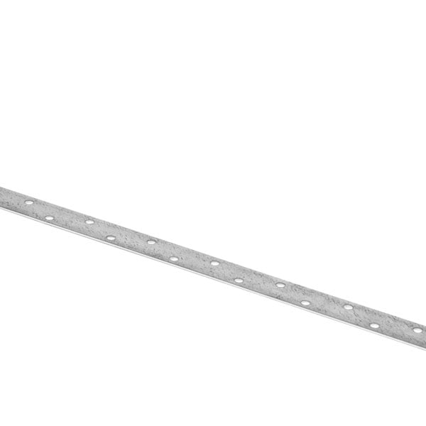 A metal strip with evenly spaced holes along its length, set against a white background. The strip appears slightly angled.