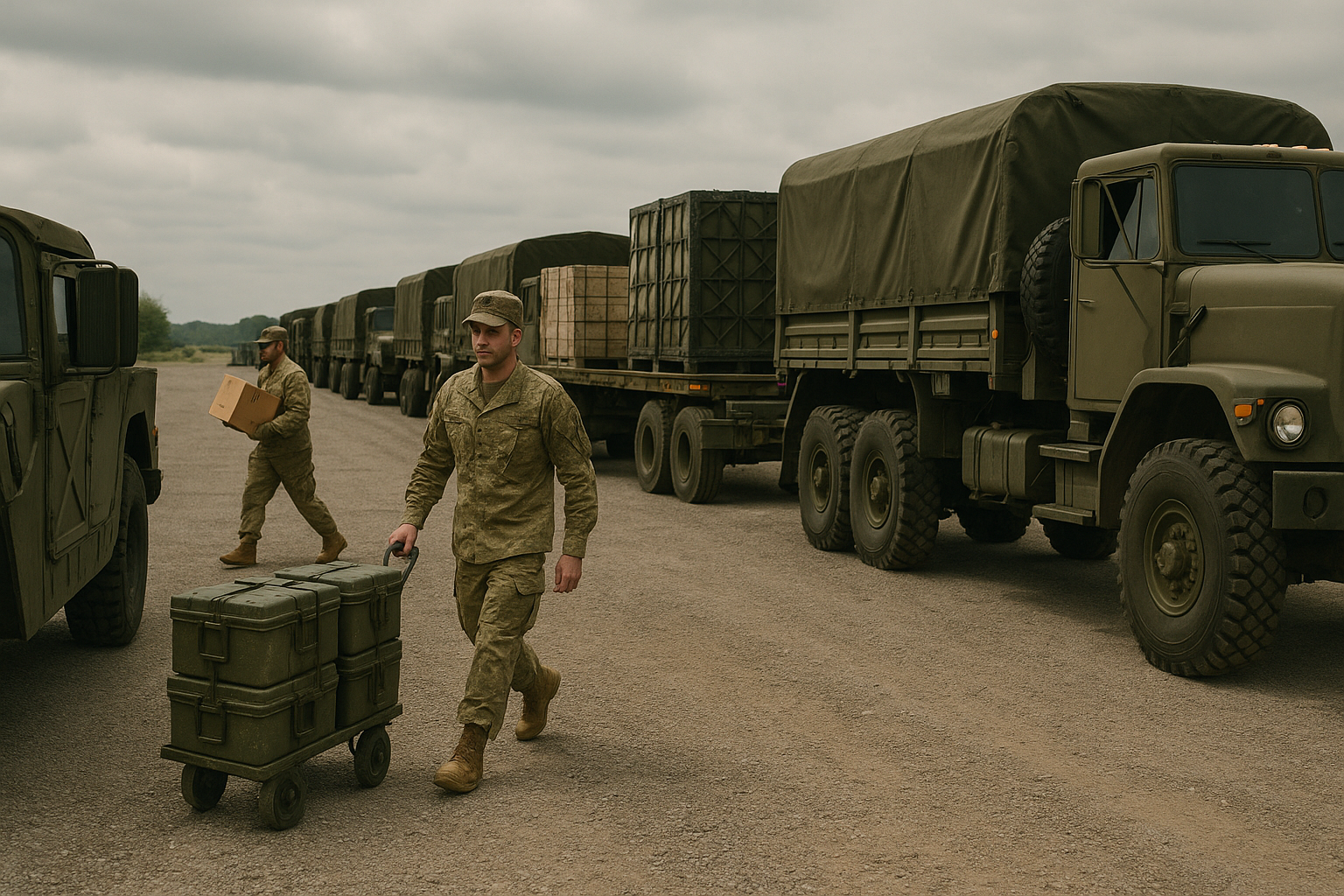 Soldiers in uniform, one pushing a cart, another carrying a box, beside military trucks on a gravel road.