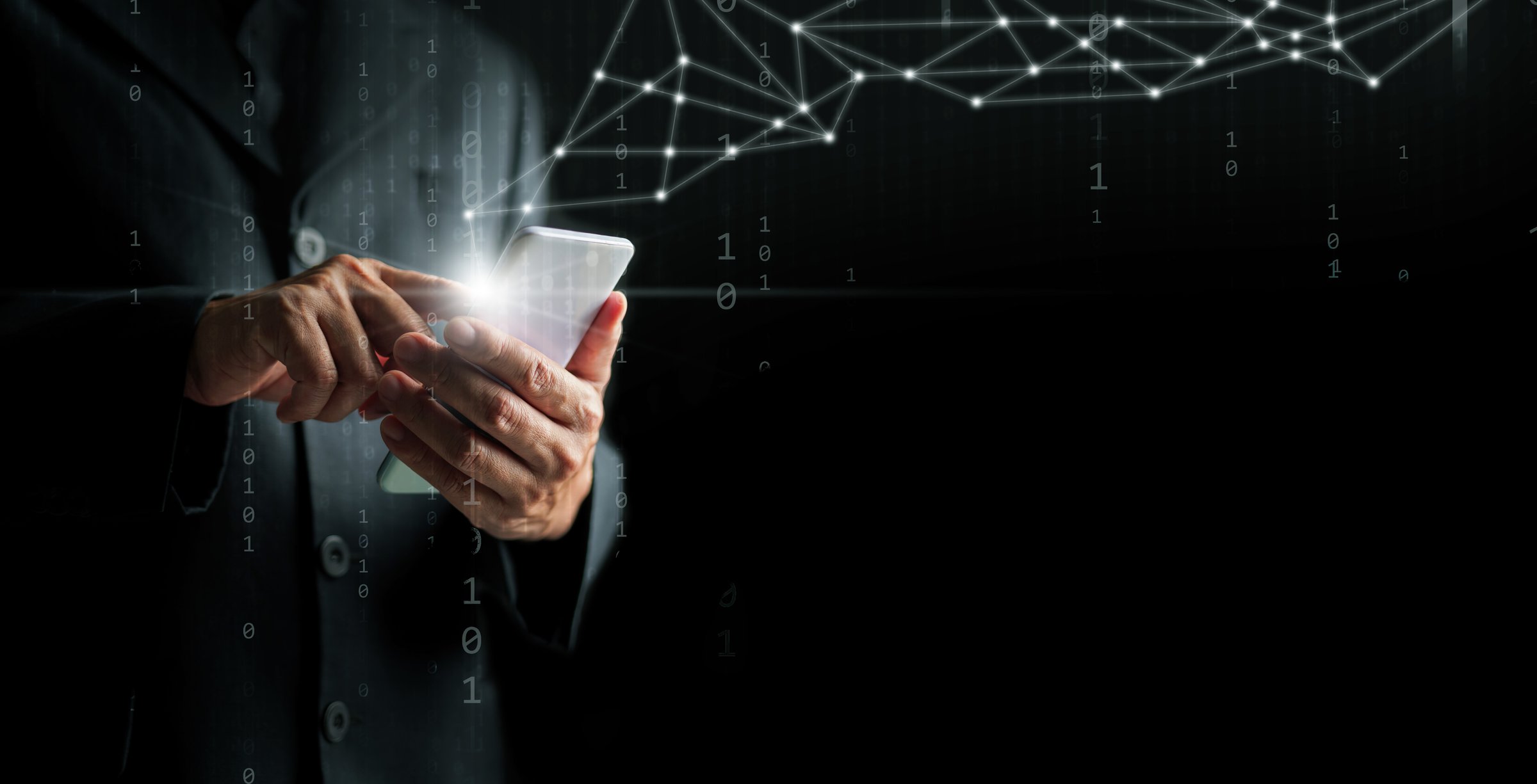 Digital technology and big data are accessible to individuals. A man with a smartphone connects to the internet network to access real-time data and global info in a digital age of empowerment