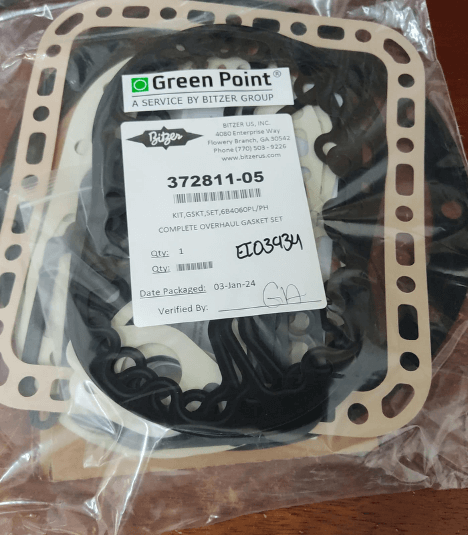 Gasket set in a plastic bag with label from Green Point Bitzer Group, model 3728111-05, dated Jan 3, 2024.