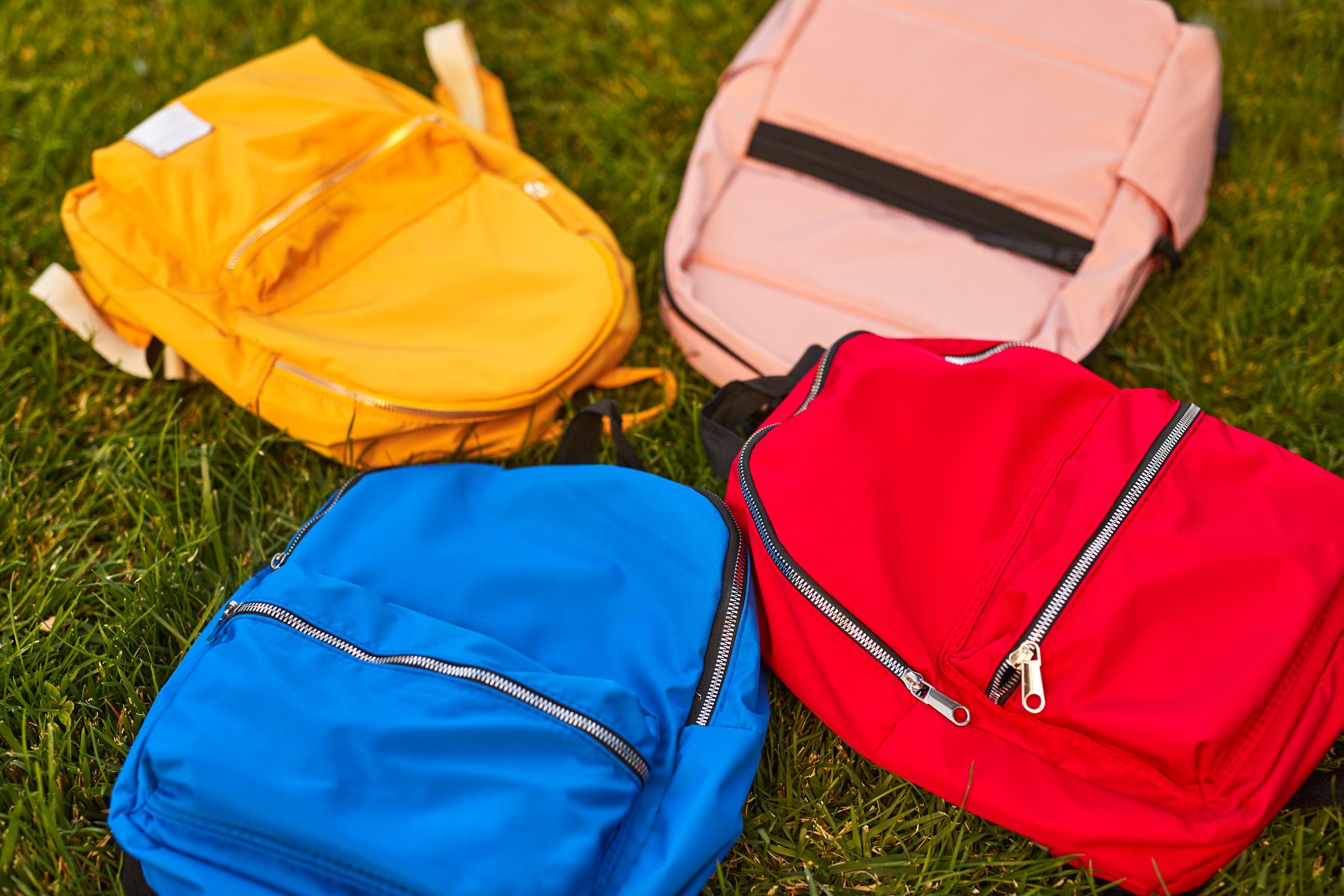 High angle of collection of bright colorful school bags placed on green meadow