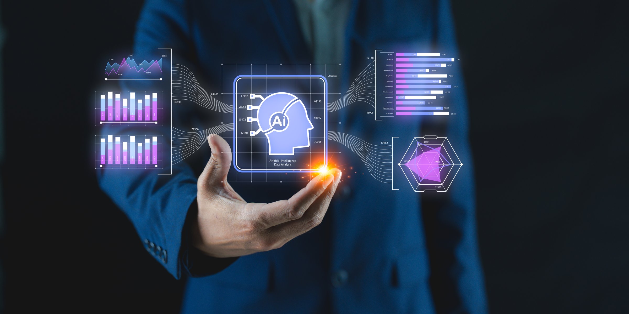 A businessperson holds a glowing graphic with AI, data analytics, and digital charts representing artificial intelligence and technology.
