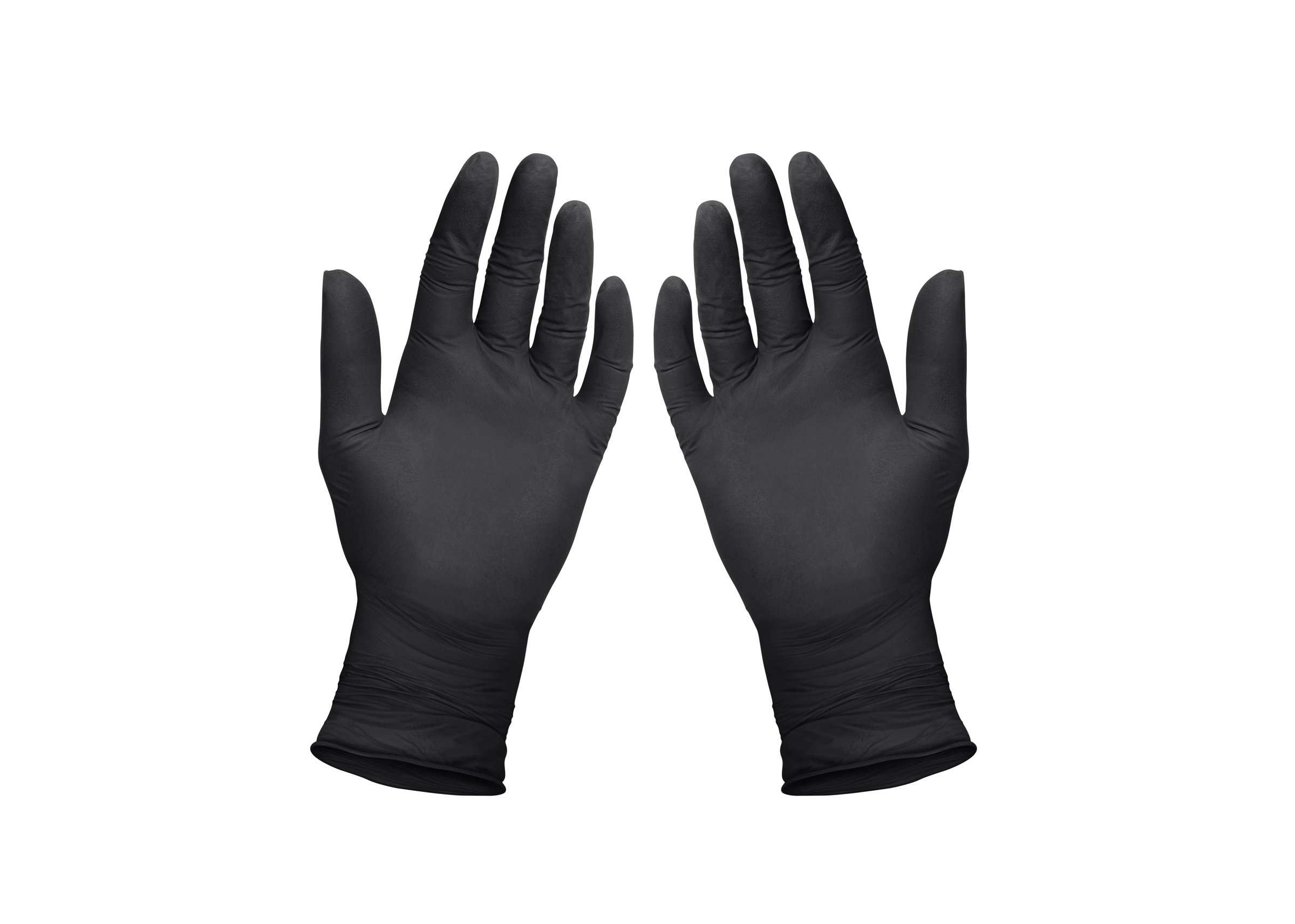 Medical nitrile gloves.Two black surgical gloves isolated on white background with hands. Rubber glove manufacturing, human hand is wearing a latex glove. Doctor or nurse putting on protective gloves