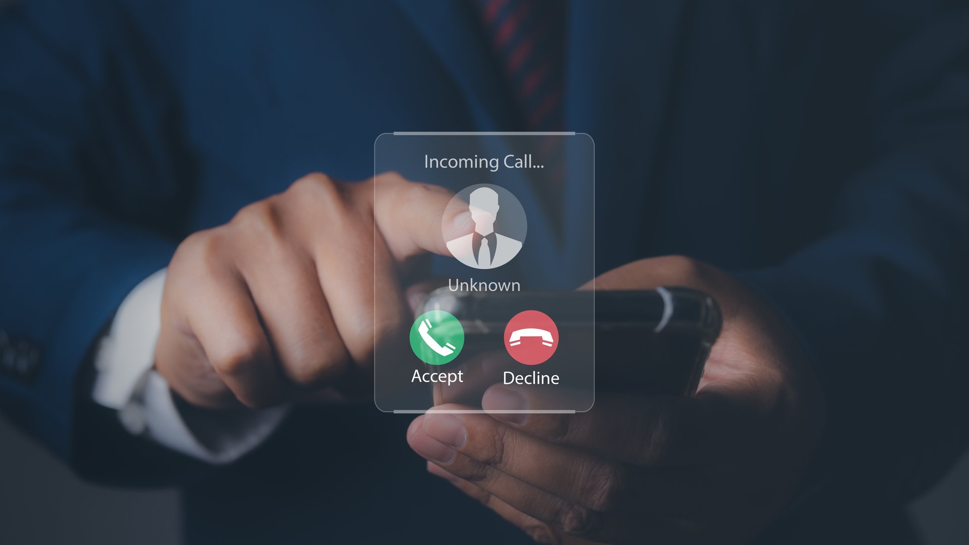 Man answering to incoming from an unknown caller. Phone call from unknown number. Calling Incoming Communication Connect Concept.