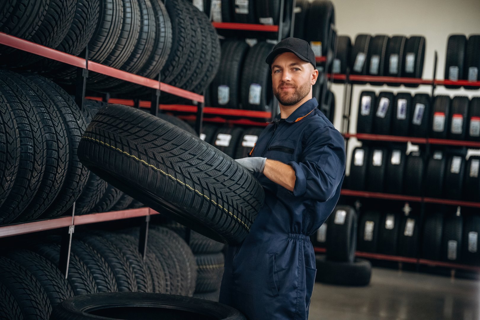 Holding the wheel. Man worker is maintenance station with tires.