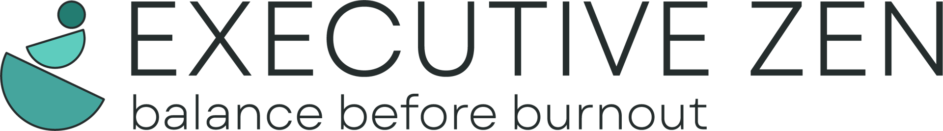 Logo of Executive Zen with abstract person icon and the slogan balance before burnout in a modern, sans-serif font.