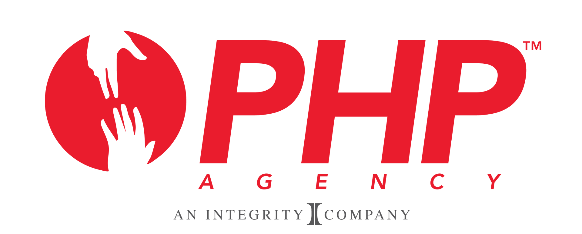 Logo of PHP Agency with red text and a red circle featuring two reaching hands, accompanied by An Integrity Company tagline.