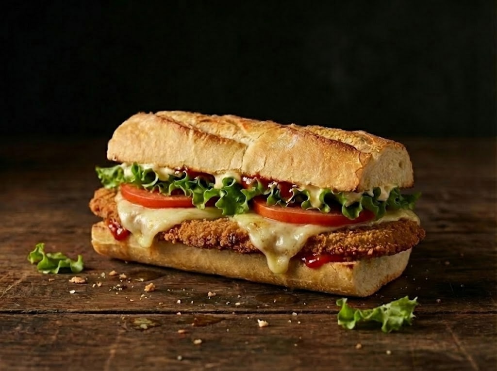 Milanesa sandwich with tomato slices, lettuce and mayonnaise, and French fries in a white plate on a wooden background with copy space.