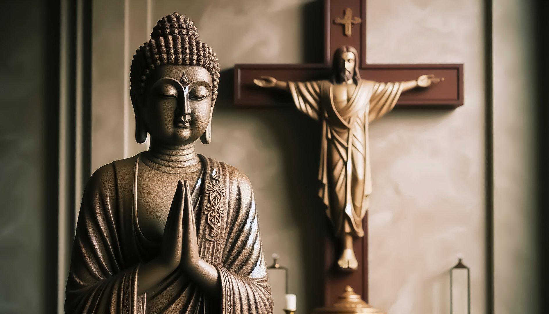 A striking and thoughtprovoking juxtaposition of Buddha and Christ, symbolizing deep unity in spirituality