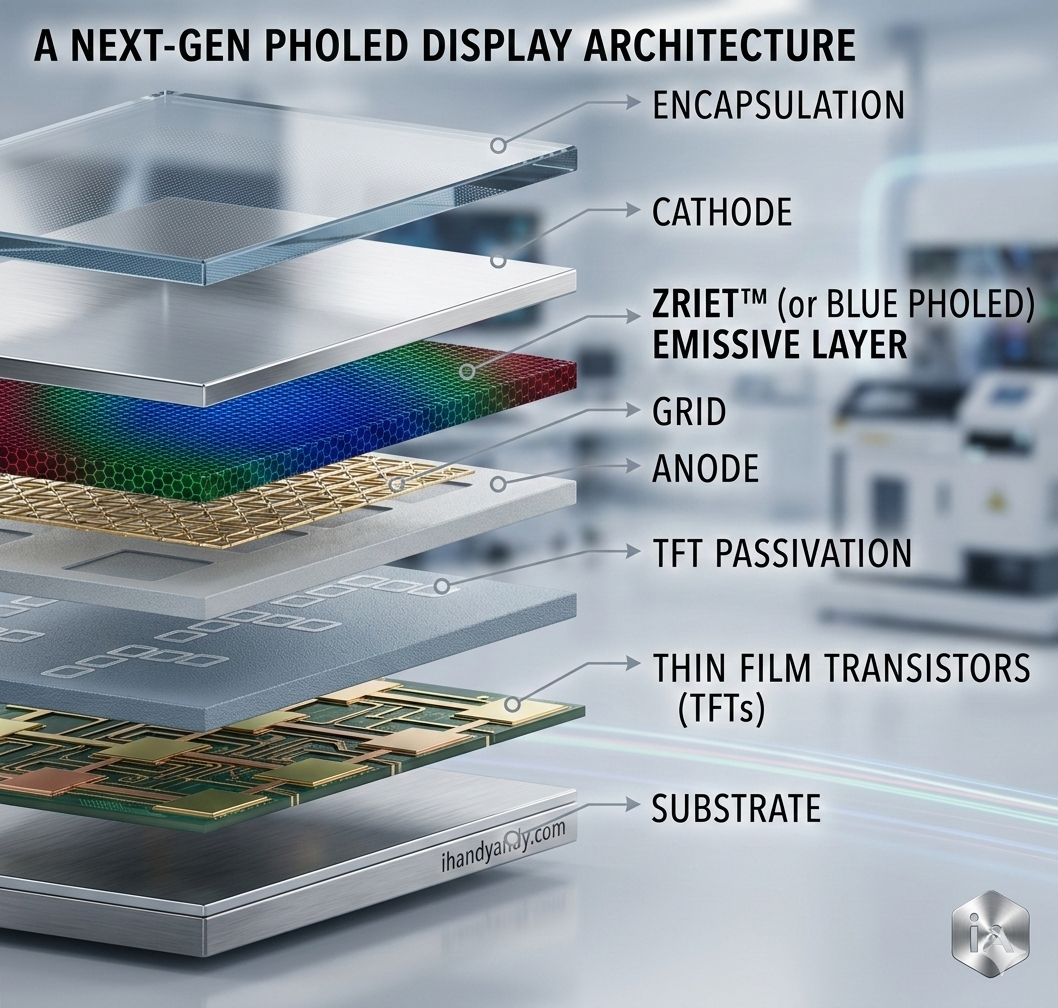PHOLED emitter structure showing host materials and phosphorescent emitters