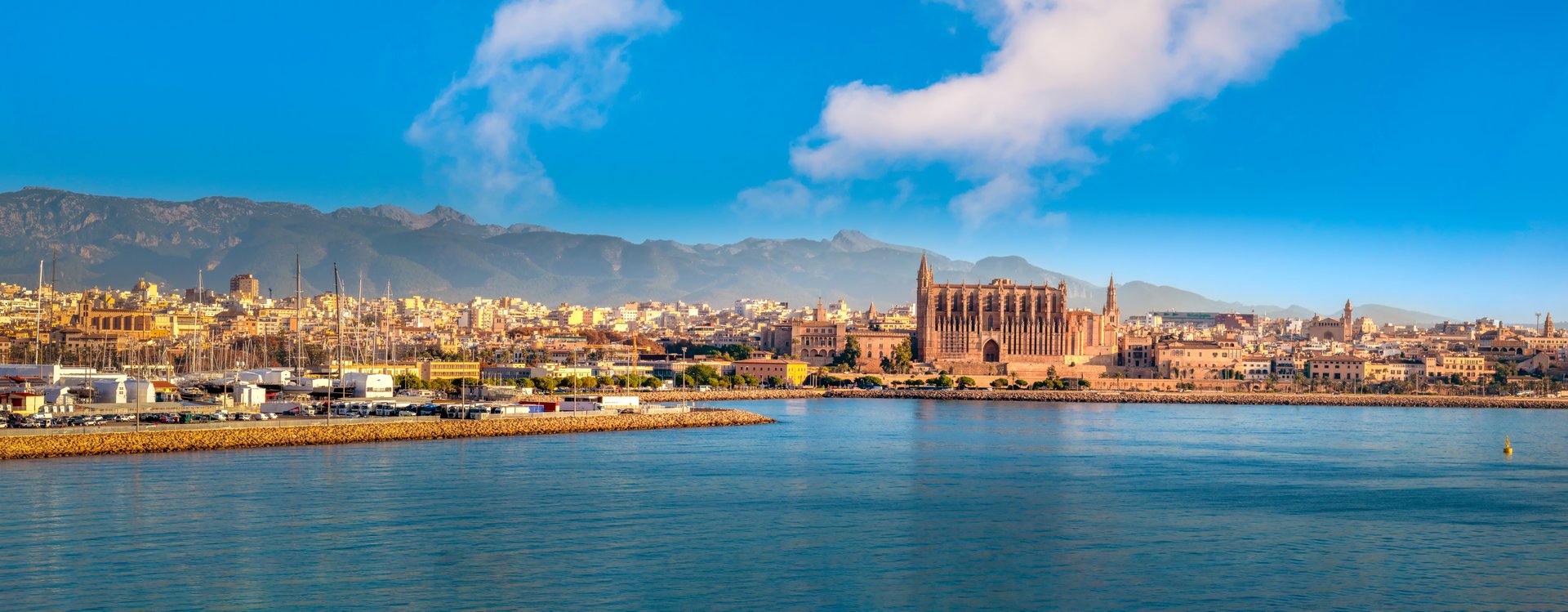 Panoramic view of the harbor and old city of Palma de Mallorca with the mountains of in the background, Balearic Islands, Spain