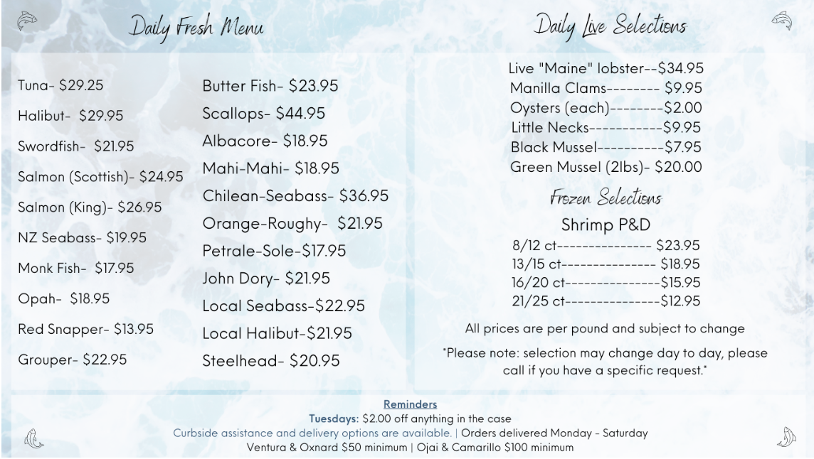 Ocean Pride Seafood menu