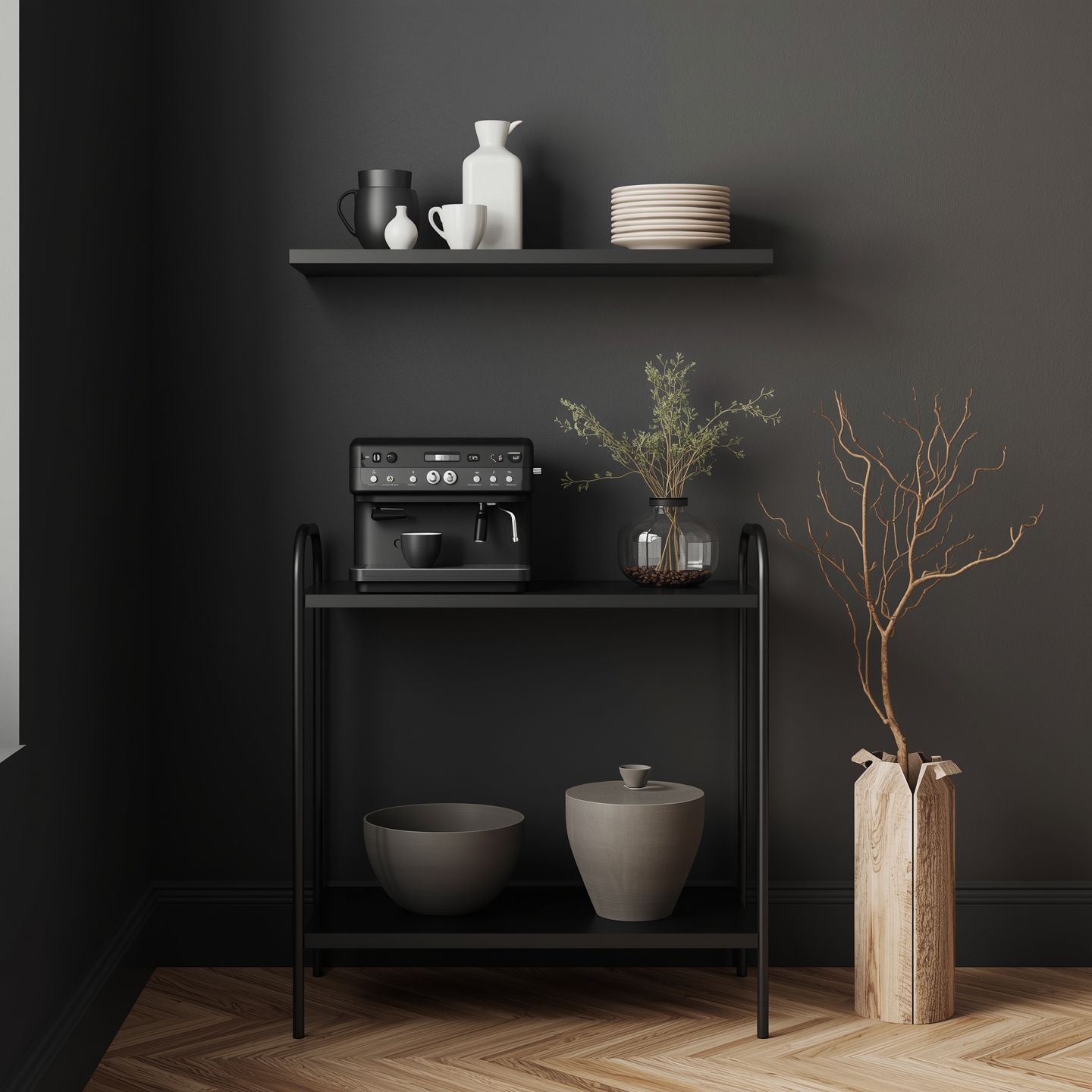 Moody kaffestasjon på kjøkkenet med mørke skapenker