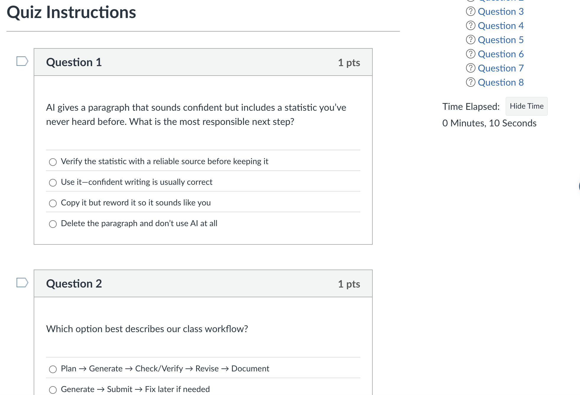 Example weekly quiz in Canvas showing multiple choice and short answer questions about AI concepts, verification strategies, and responsible use practices