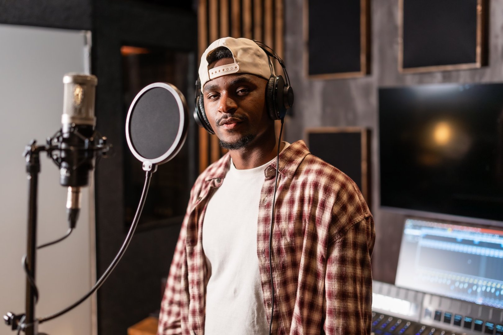 Young man wearing headphones and holding microphone, recording a song or album in a music studio