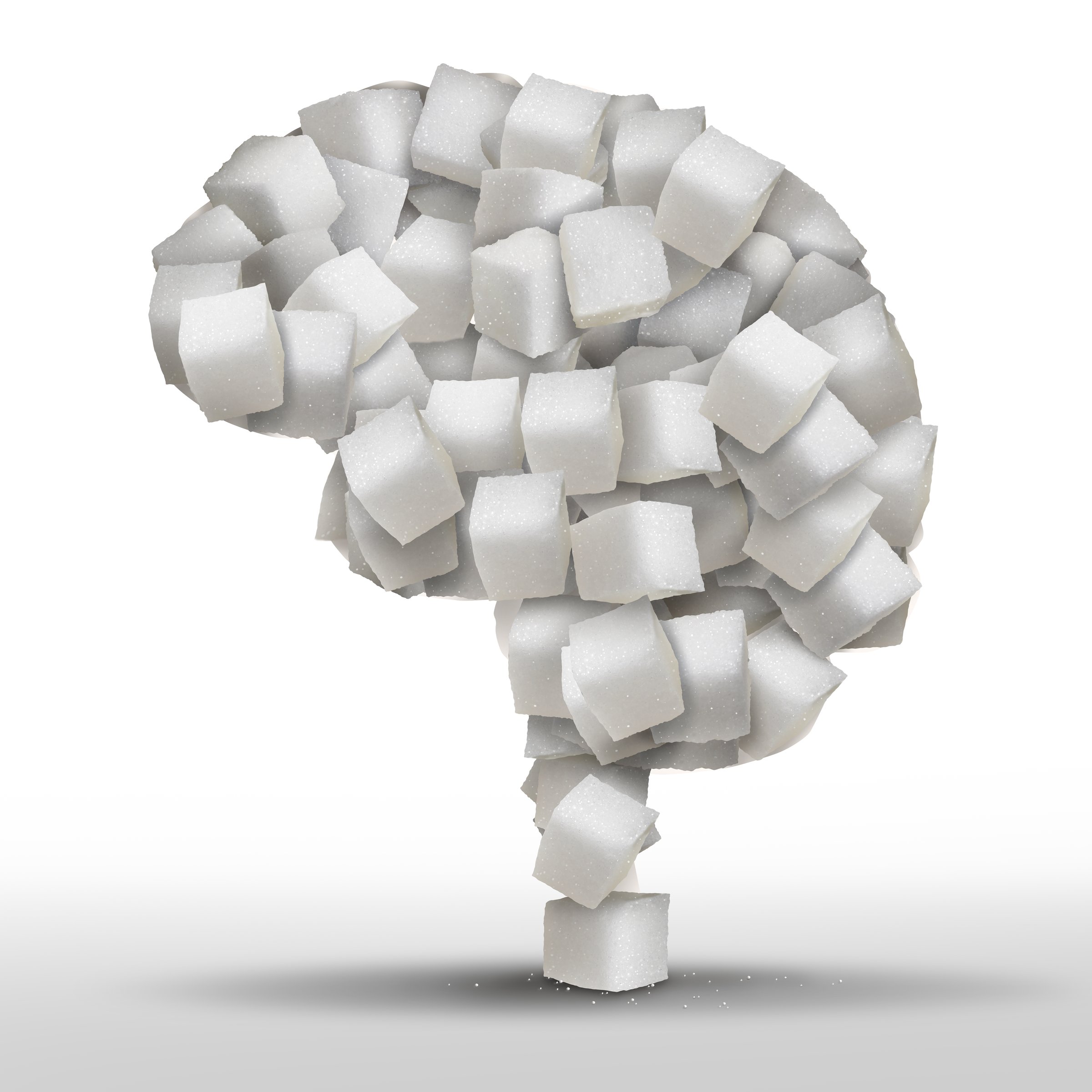 Sugar And Depression food risk health concept as a human brain made of white granulated refined sweet cubes as a healthcare symbol for mood disorders and emotional issues due to sweeteners.