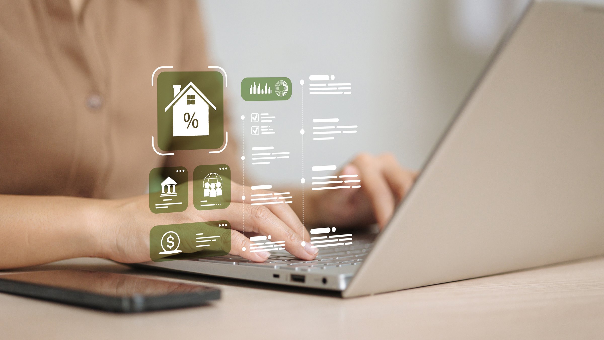 Adult homebuyer types on laptop with mortgage interest icons to compare rates and apply online. Digital home loan prequalification, bank offers, affordability checks and fintech workflow.