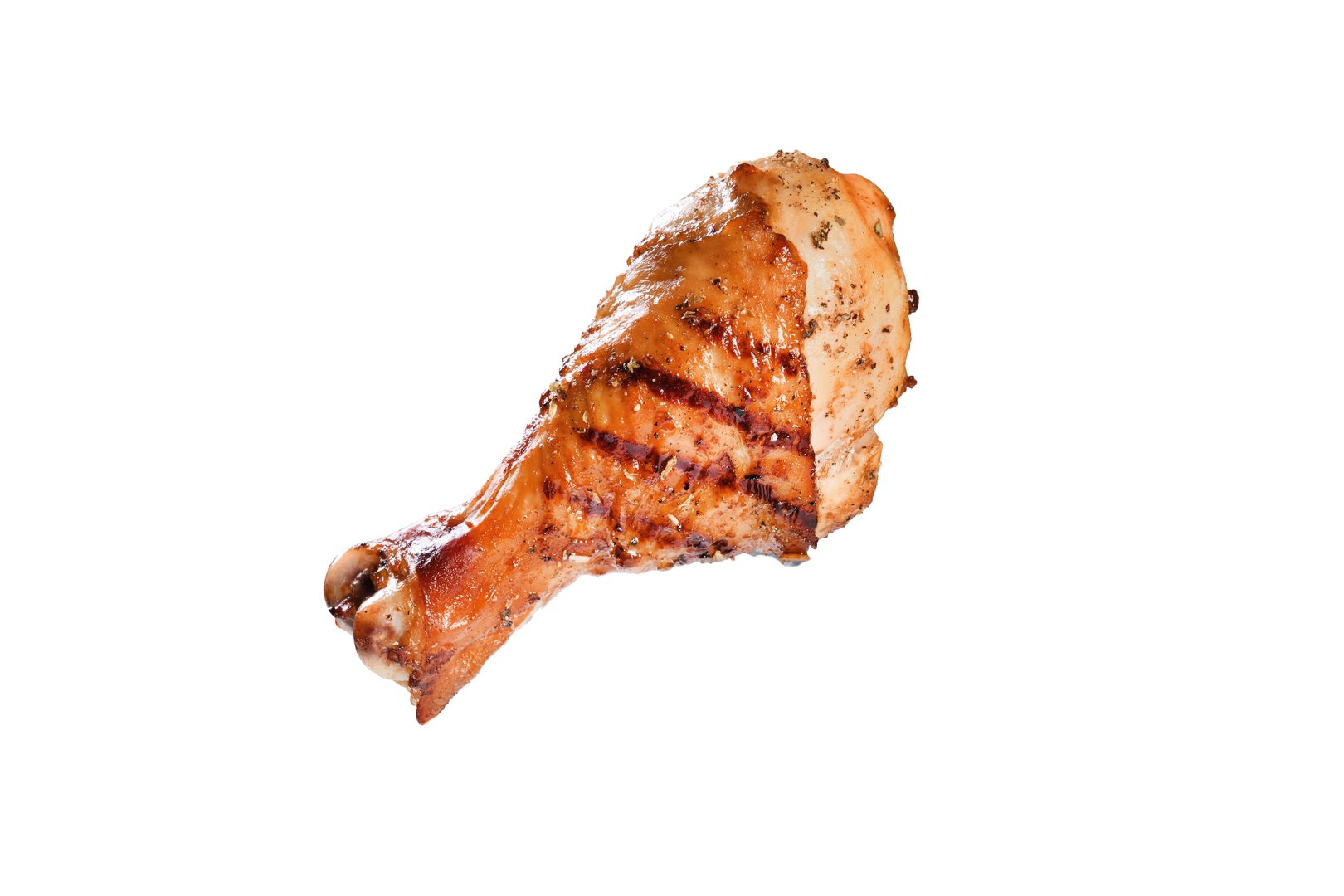 Grilled chicken leg on white background. Fried chicken drumstick isolated on white background.