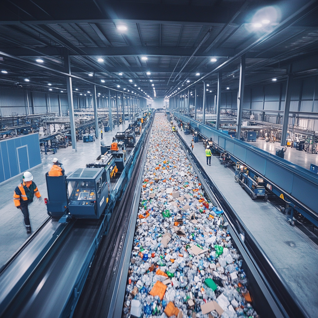 A large recycling plant interior with conveyor belts sorting mixed waste materials, and workers wearing safety gear.