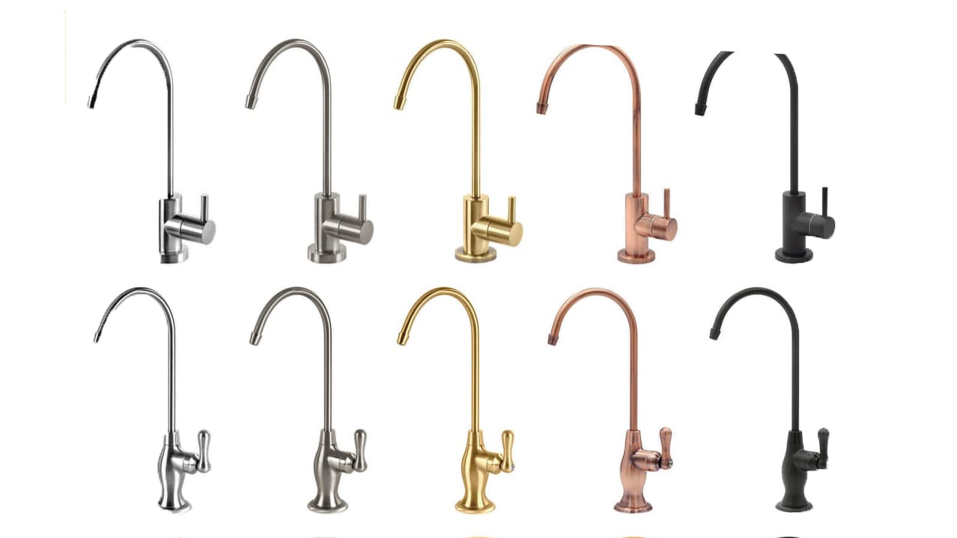 A kitchen with a gold faucet, white marble mosaic tile backsplash, white cabinets, and a white countertop.