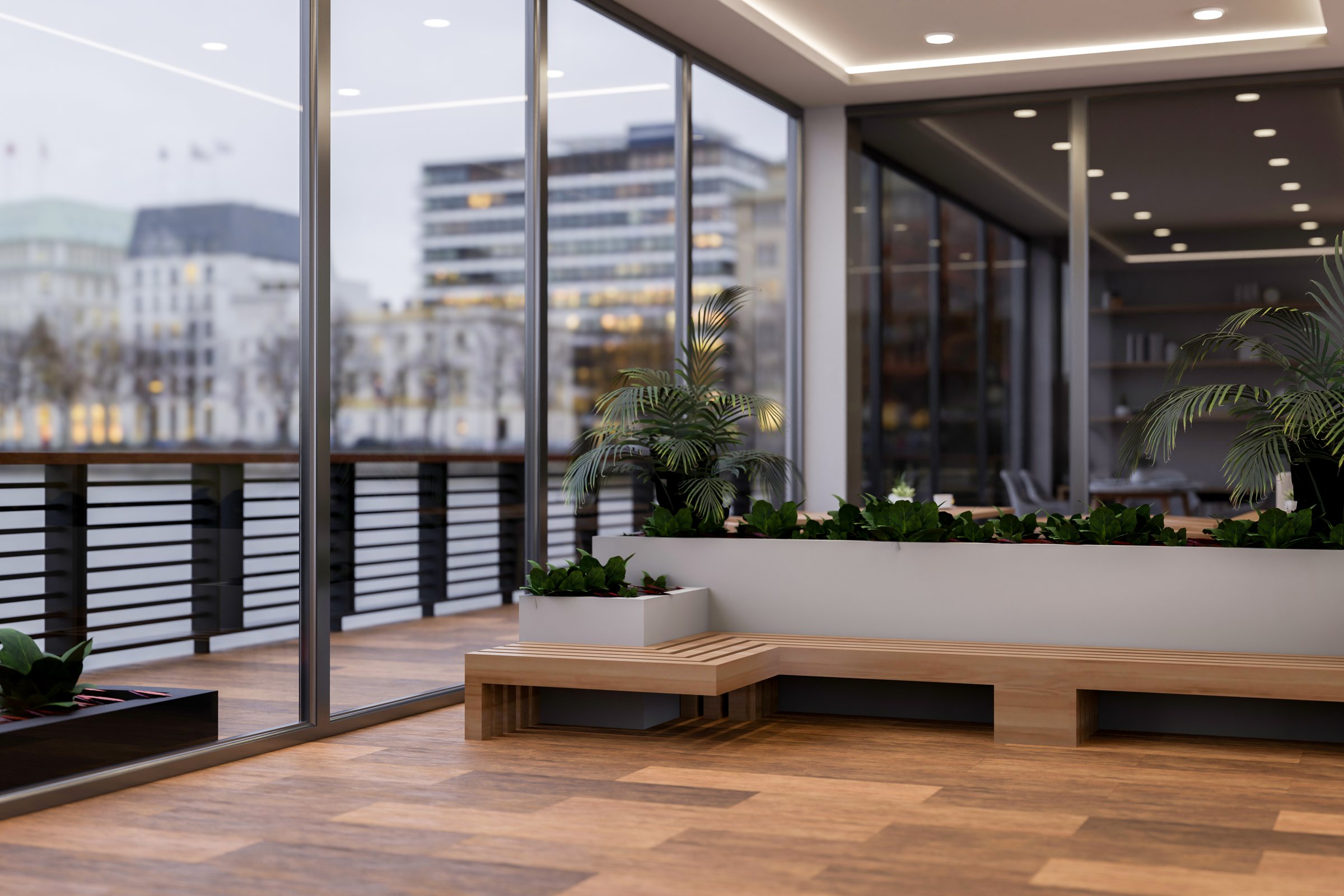 The interior design of a modern, luxurious skyscraper office features an indoor relaxation area with a garden and wooden bench, offering a stunning city view. 3d render, 3d illustration