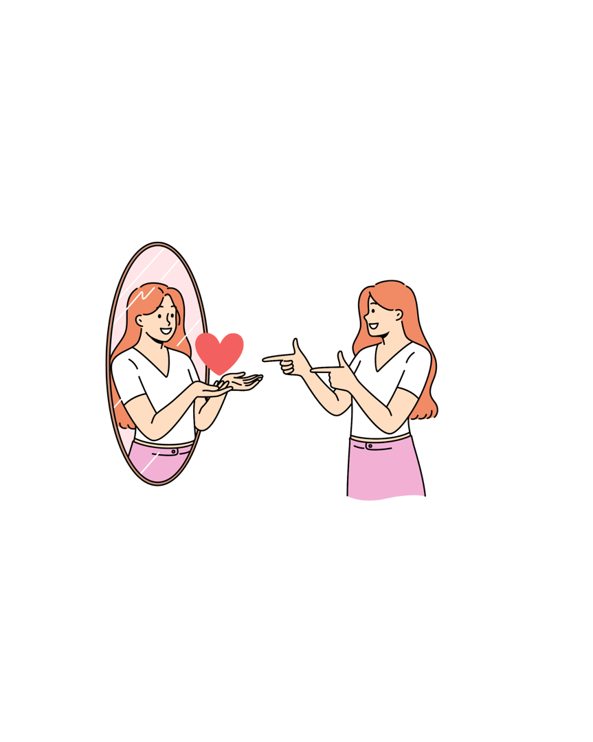 Illustration of a woman pointing at her mirror reflection, which is holding a red heart. Both are smiling.