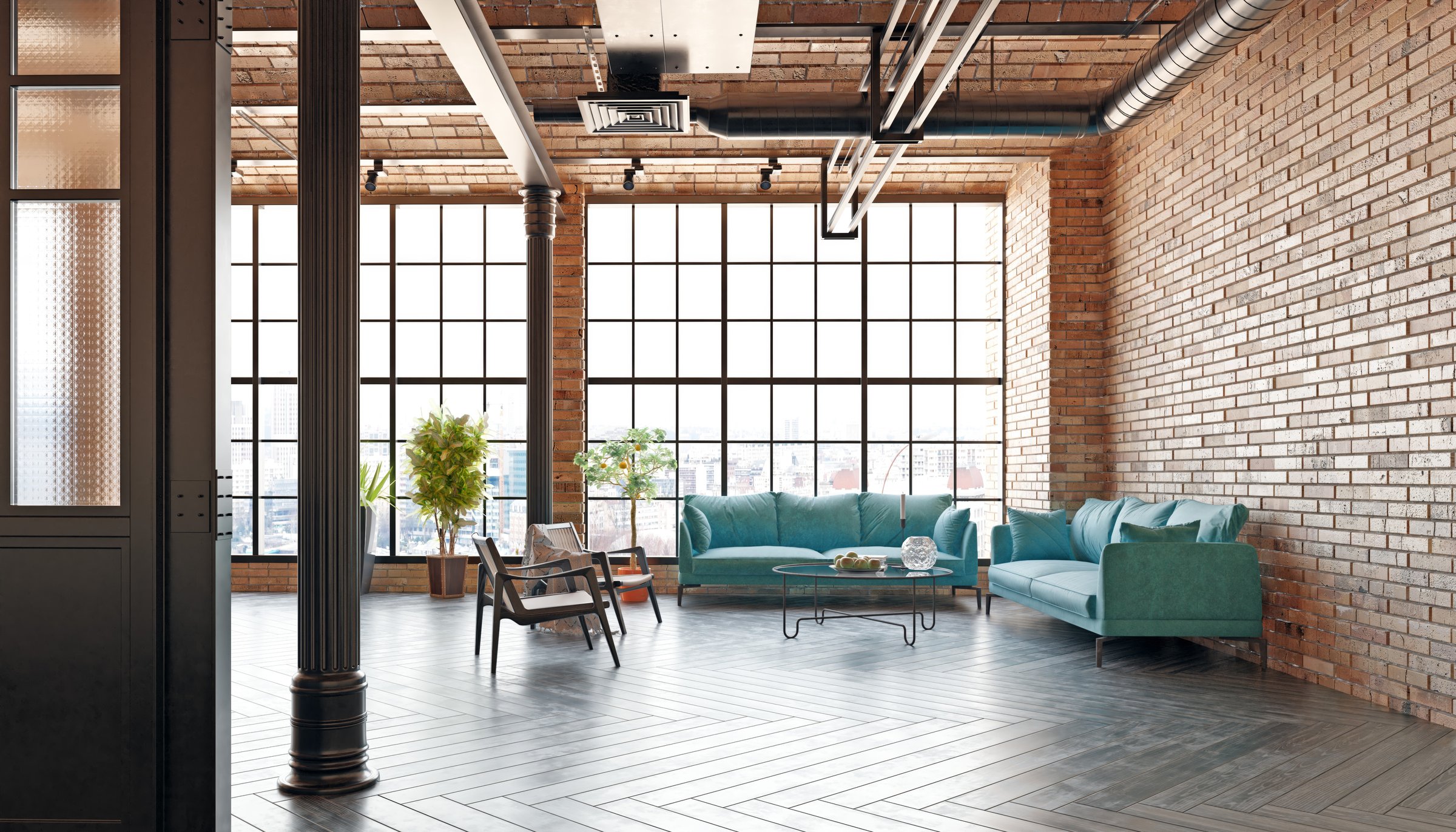 A modern loft living room with a couch, a coffee table. The room has a minimalist and clean design, with a focus on functionality and comfort. 3d render