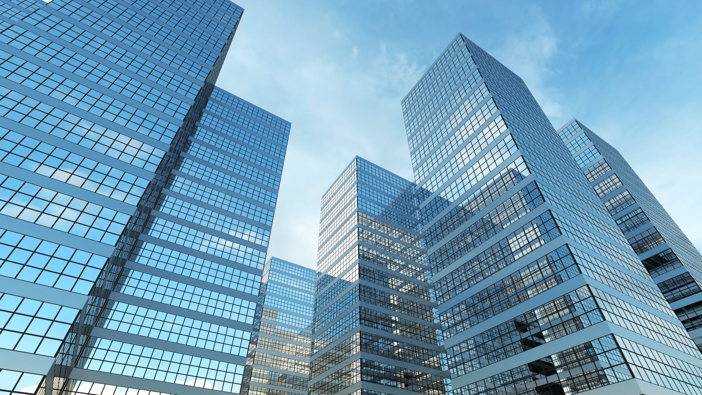 A uprisen angle view of group of skyscraper with white clouds and clear blue sky on background and reflecting on facade, represent feeling of urban, business, and technology. 3D illustration.