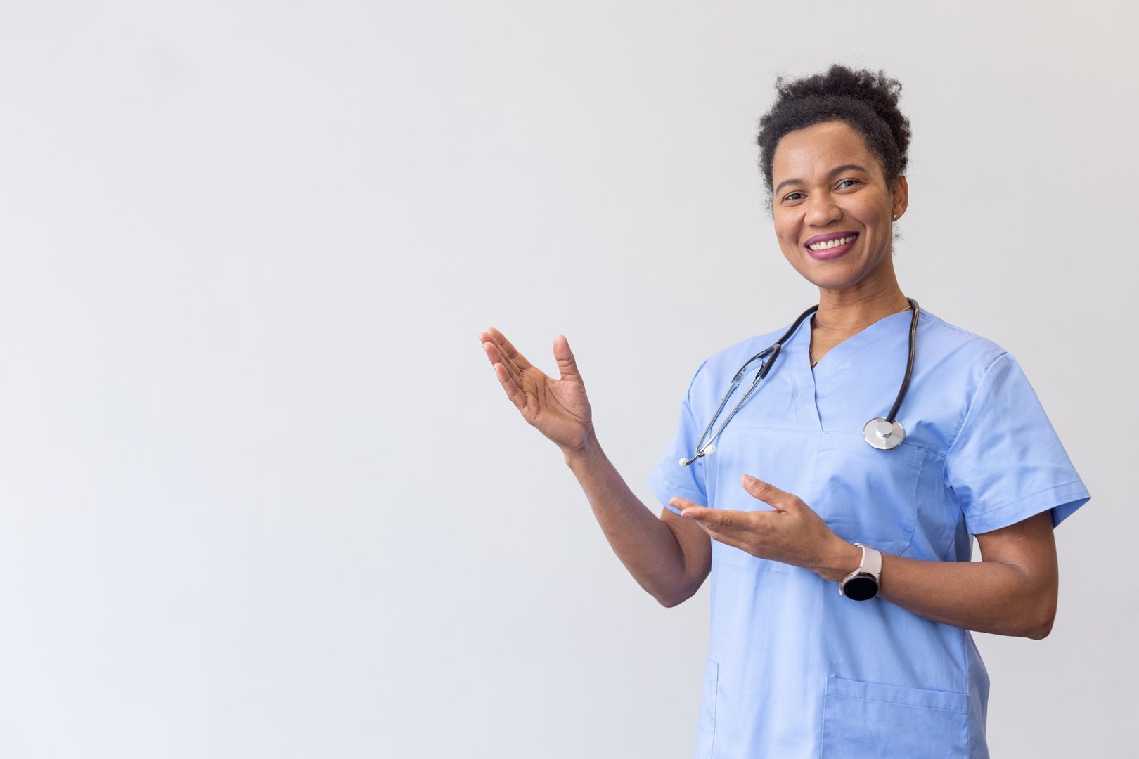 Professional nurse making a hand gesture to indicate direction