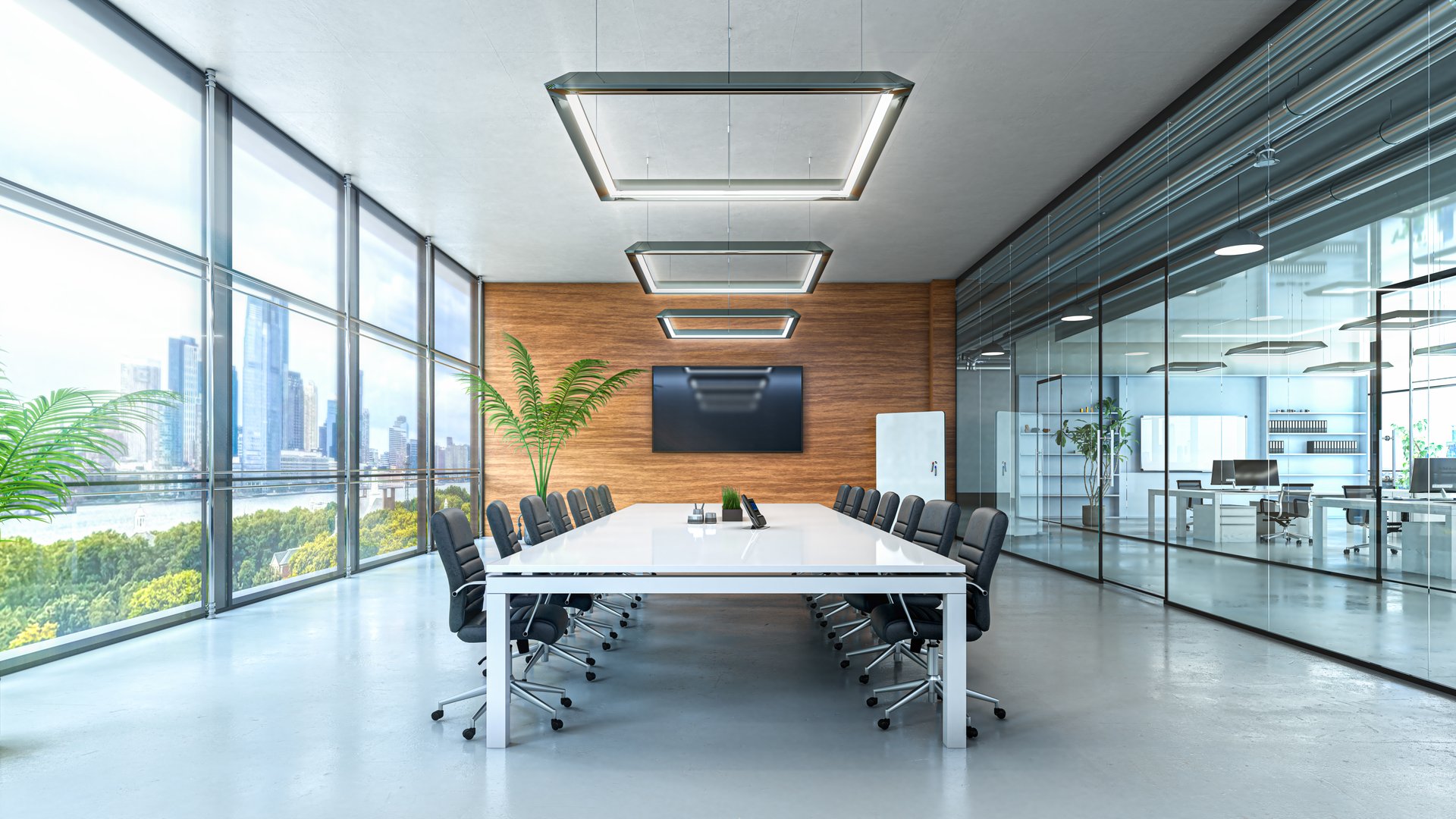 Conference room with large window view in the office. 3d illustration