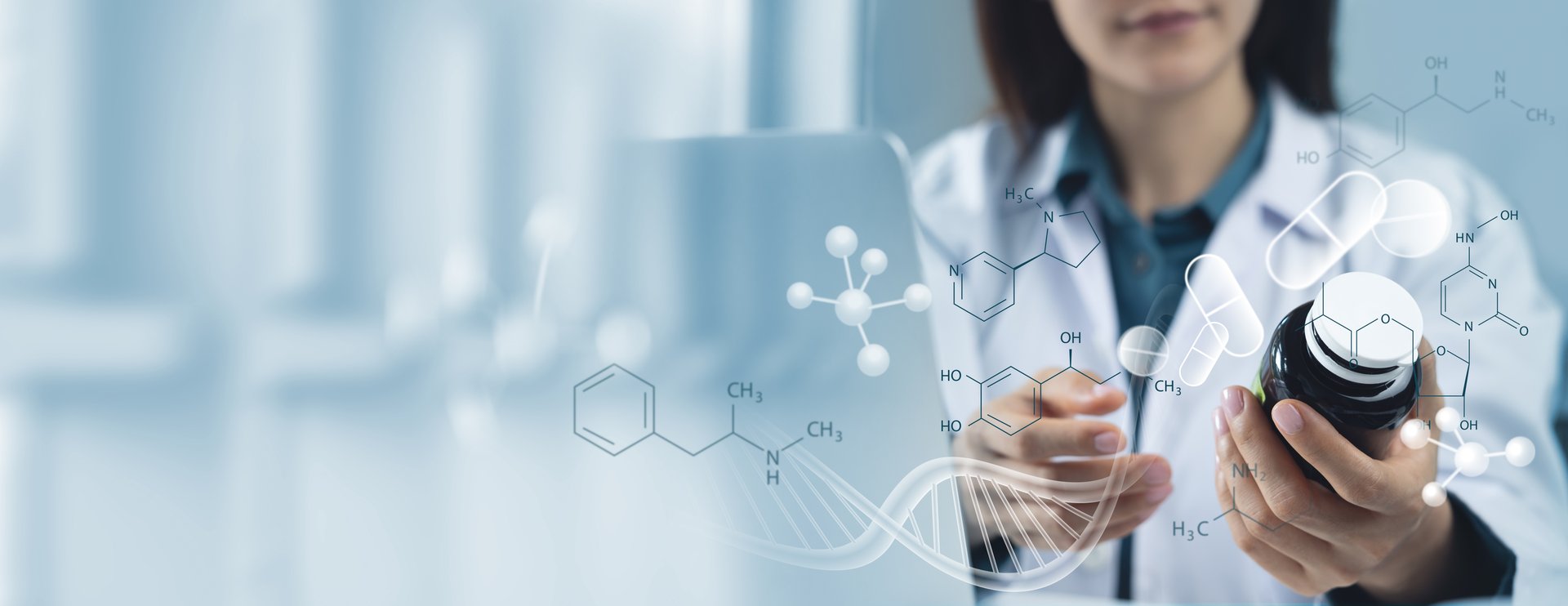 Pharmaceutical technology, medical research, medical science and technology concept. medical researcher holding medicine bottle with biochemistry science and analysis