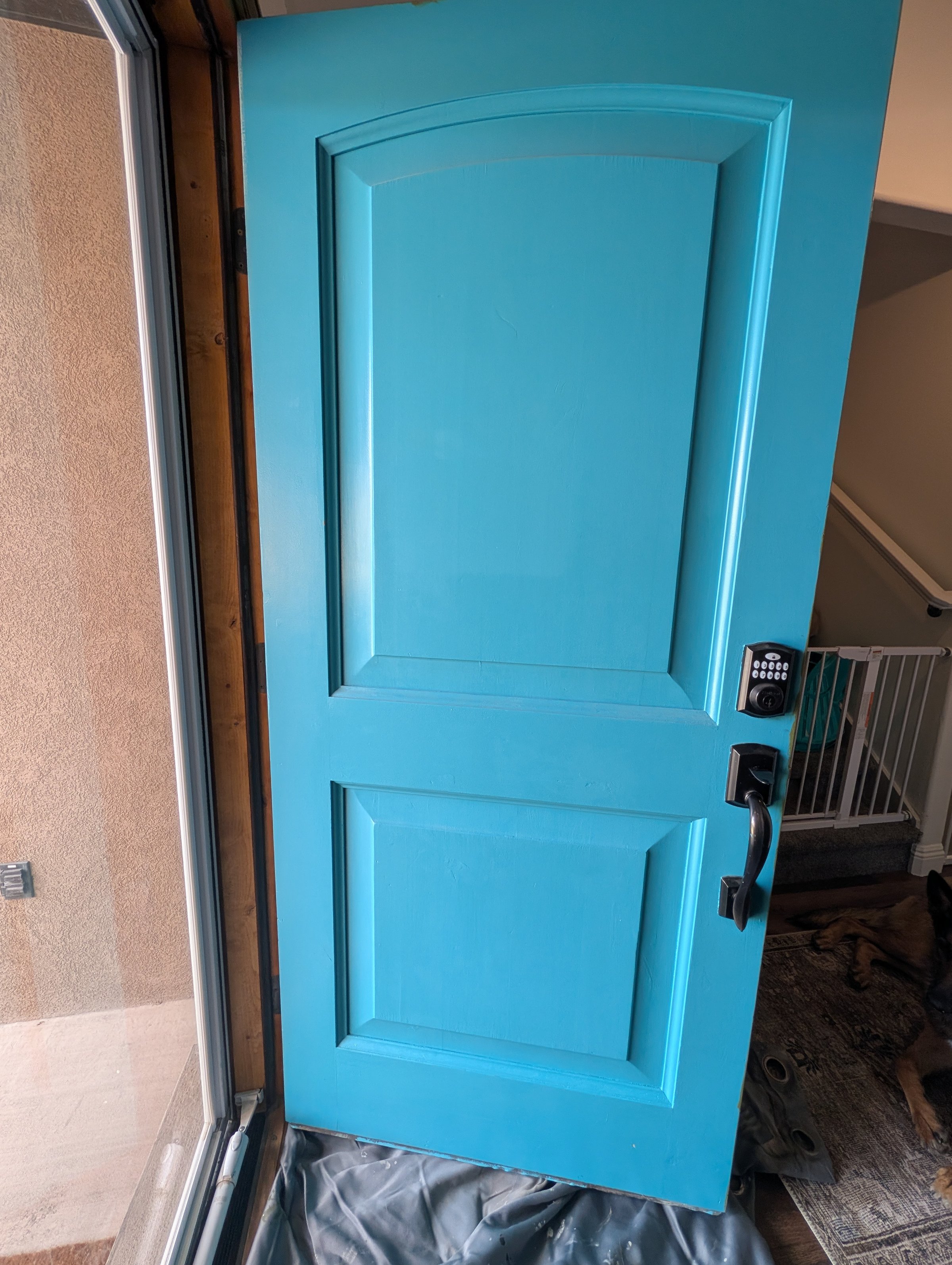 Front door before turquoise to sandwashed driftwood makeover