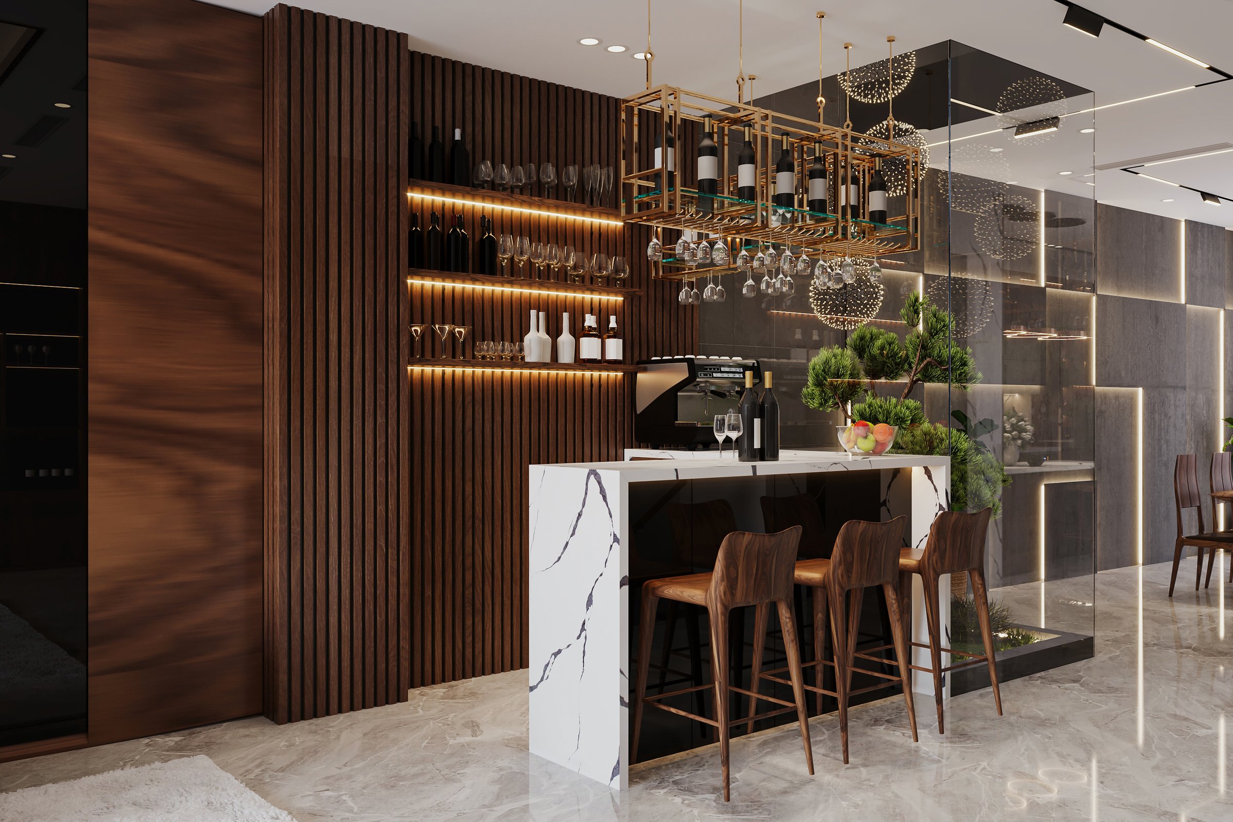 Modern Kitchen and bar counter In Luxury Home